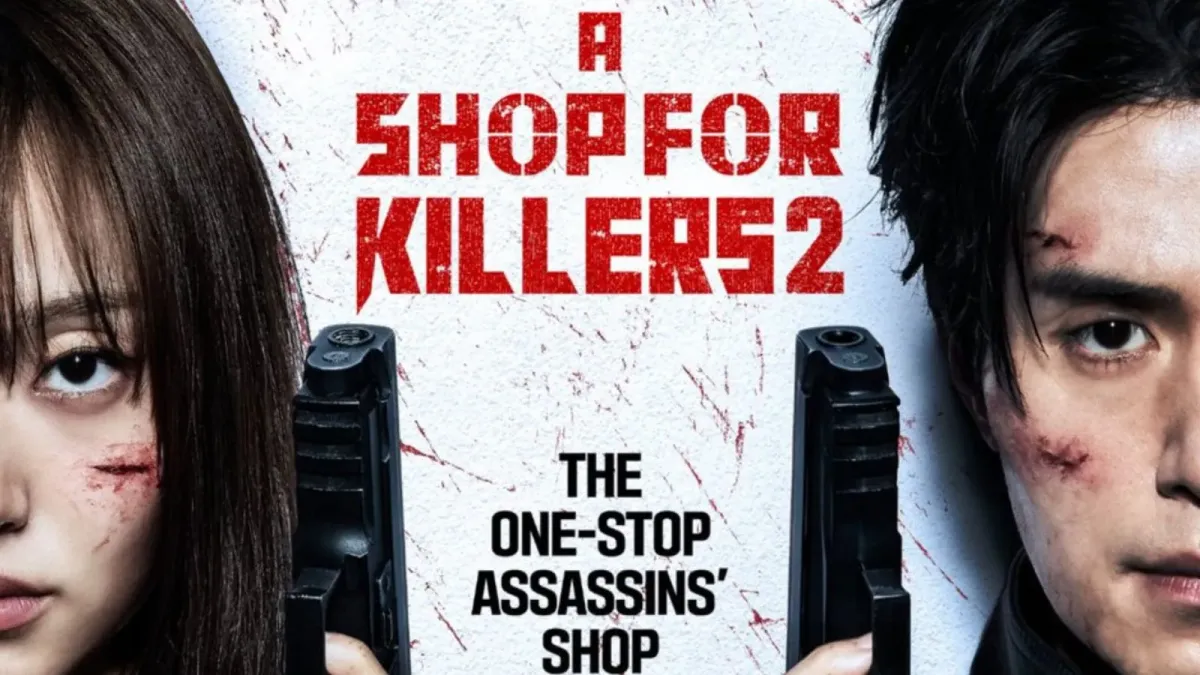 A Shop for Killers Season 2 K-drama poster with the leads holding guns, blood-splattered design, premiering July on Disney+